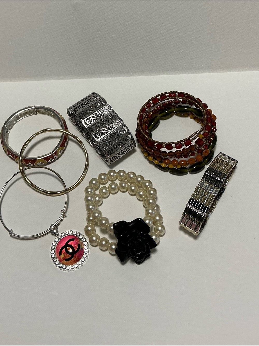 Assorted Womens Bracelet Set  Pearl, Black, Red & Silver Accents